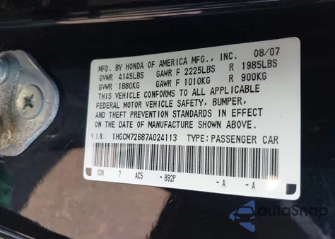 2007 Honda Accord 2.4 Ex z USA, uszkodzony, nr VIN 1HGCM72687A024113